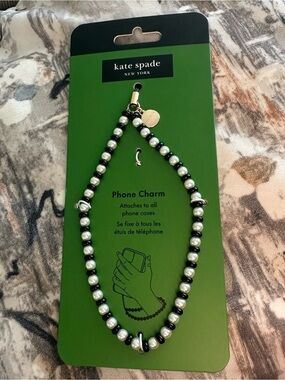 kate spade NWT Pearl and Black Bead Phone Strap with Gold Charm